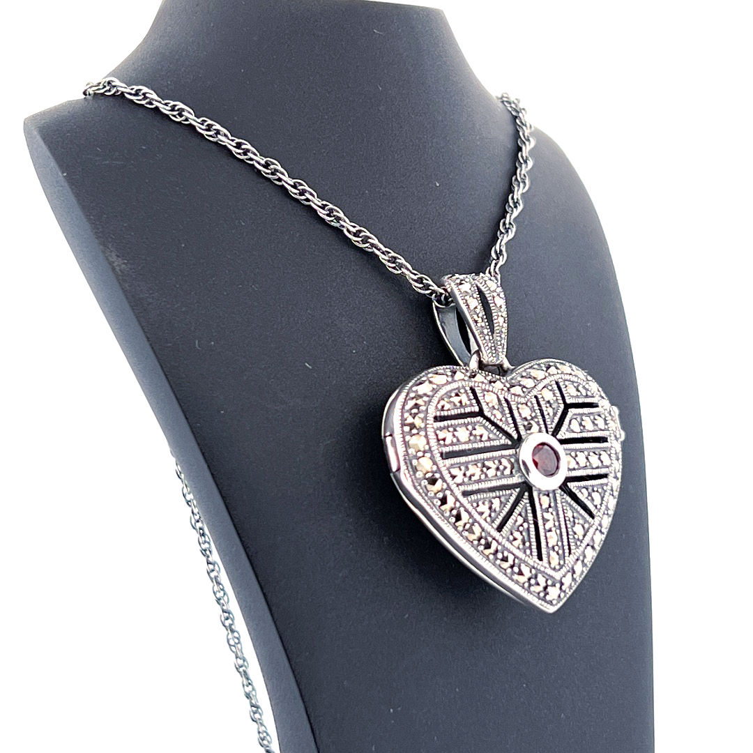 PT277 (6) Heart Locket Set With Garnet And Marcasite, Finished In 925 English Hallmarked Sterling Silver