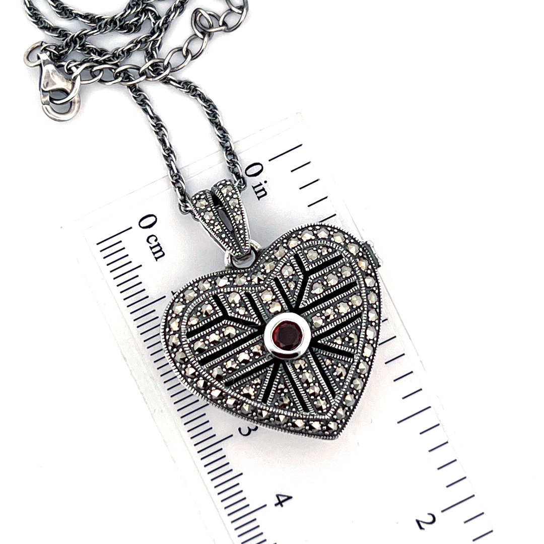 PT277 (3) Heart Locket Set With Garnet And Marcasite, Finished In 925 English Hallmarked Sterling Silver