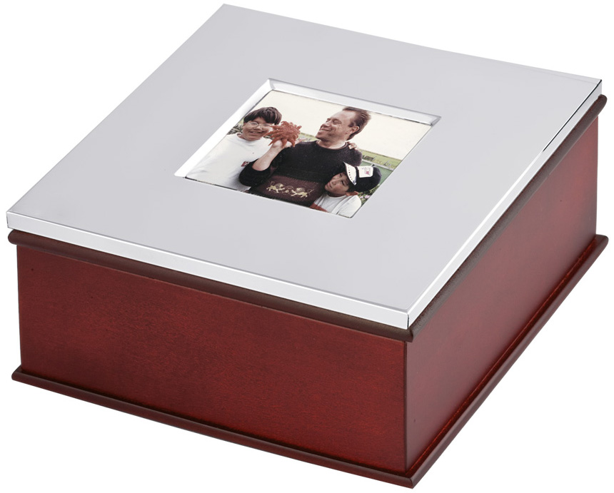 GT2004 Keepsake Box With Photo Frame Lid And Mahogany Finish Finished In 925 English Hallmarked Sterling Silver