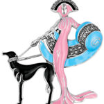 Lady And Dog Brooch Art Deco Style With Enamel And Marcasite, finished in 925 English Hallmarked Sterling Silver