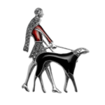 Lady And Dog Brooch Art Deco Style With Enamel And Marcasite, finished in 925 English Hallmarked Sterling Silver