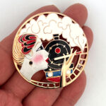 Lady And Train Pin Brooch With Enamel And Sparkling Czech Crystals | Gold Plated