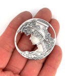 Lady Head Brooch Art Nouveau Style, finished in 925 English Hallmarked Sterling Silver