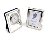 Miniature Clock And Photo Frame Set With Edwardian Beaded Border, finished in 925 English Hallmarked Sterling Silver