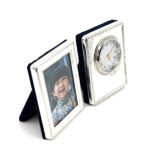 Miniature Clock And Photo Frame Set With Edwardian Beaded Border, finished in 925 English Hallmarked Sterling Silver