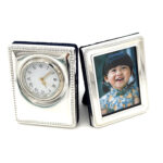 Miniature Clock And Photo Frame Set With Edwardian Beaded Border, finished in 925 English Hallmarked Sterling Silver