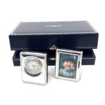 Miniature Clock And Photo Frame Set With Edwardian Beaded Border, finished in 925 English Hallmarked Sterling Silver