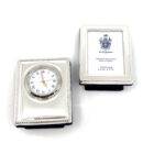 Miniature Clock And Photo Frame Set With Edwardian Beaded Border, finished in 925 English Hallmarked Sterling Silver