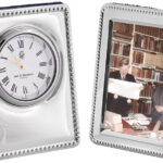 Miniature Clock And Photo Frame Set With Edwardian Beaded Border, finished in 925 English Hallmarked Sterling Silver