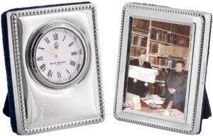 Miniature Clock And Photo Frame Set With Edwardian Beaded Border, finished in 925 English Hallmarked Sterling Silver