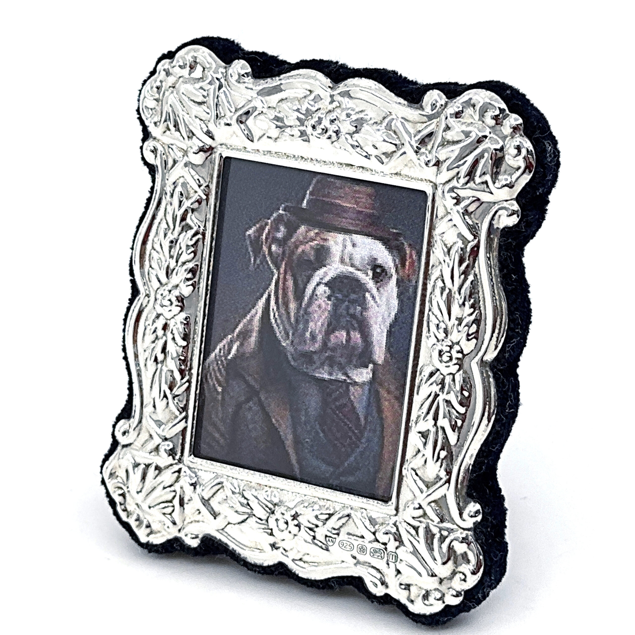 FR623 (5) Miniature Photo Frame Victorian Style With Blue Velvet Back Finished In 925 English Hallmarked Sterling Silver