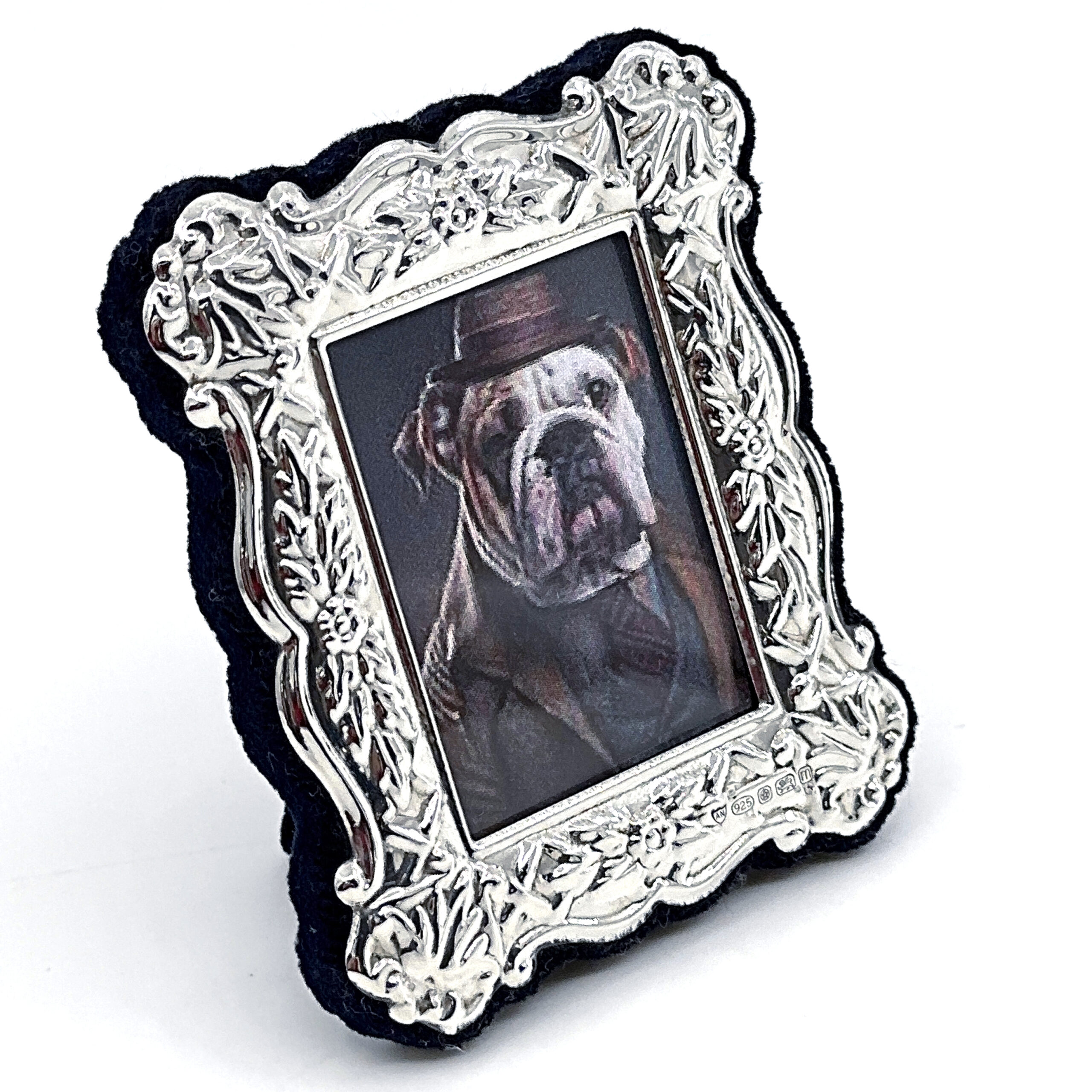 FR623 (7) Miniature Photo Frame Victorian Style With Blue Velvet Back Finished In 925 English Hallmarked Sterling Silver