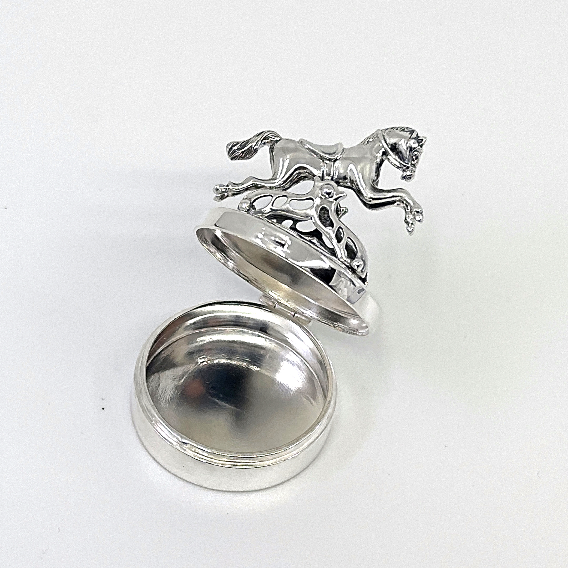 PB591 (2) Moving Rocking Horse Pill Box, finished in 925 English Hallmarked Sterling Silver