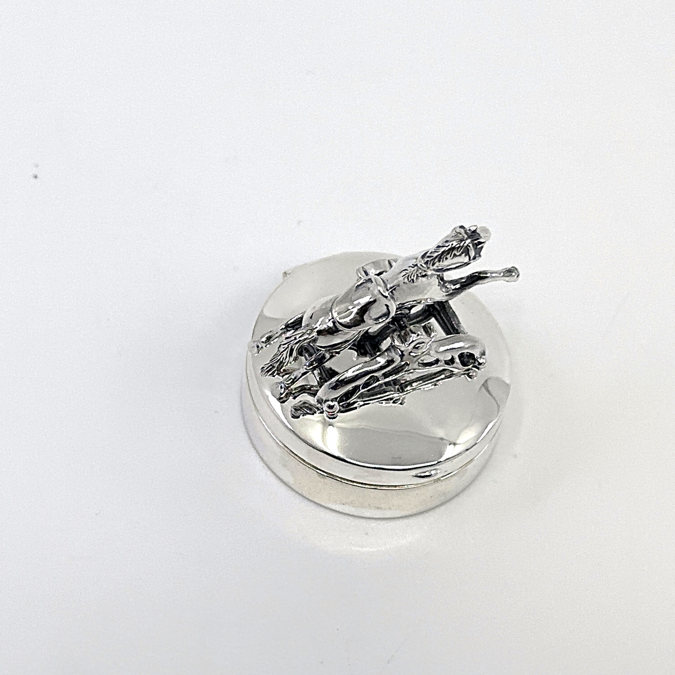 PB591 (6) Moving Rocking Horse Pill Box, finished in 925 English Hallmarked Sterling Silver