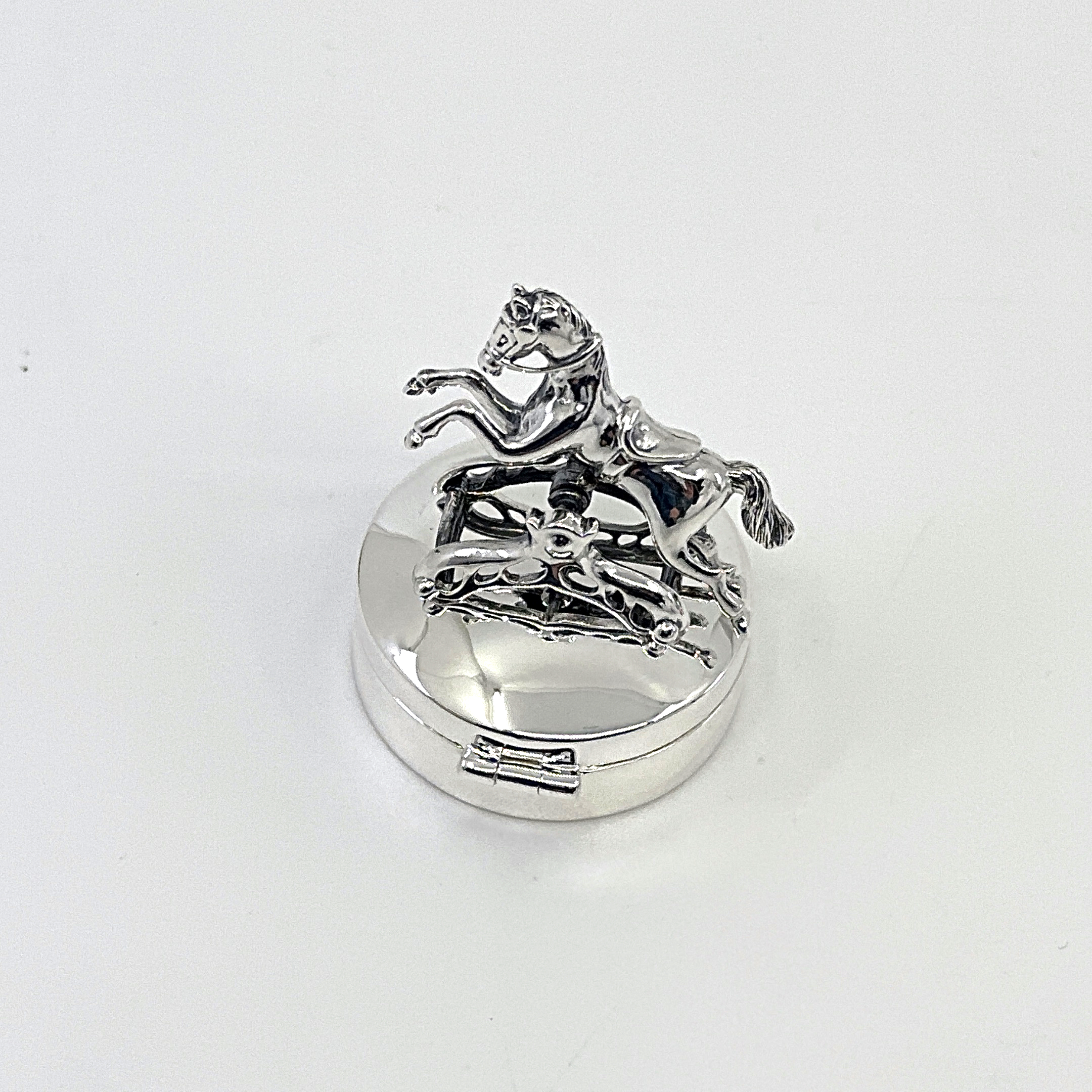 PB591 (7) Moving Rocking Horse Pill Box, finished in 925 English Hallmarked Sterling Silver