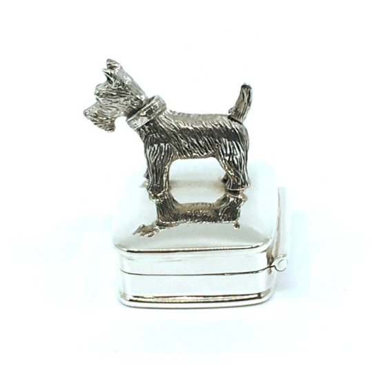 PB604 (14) Moving Scottie Dog Pill Box, Finished In 925 English Hallmarked Sterling Silver