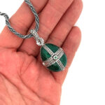 Elizabethan Style Opening Egg Shaped Necklace With Green Enamel And Marcasite Finished In 925 English Hallmarked Sterling Silver 3 Elizabethan Style Opening Egg Shaped Necklace With Green Enamel And Marcasite Finished In 925 English Hallmarked Sterling Silver