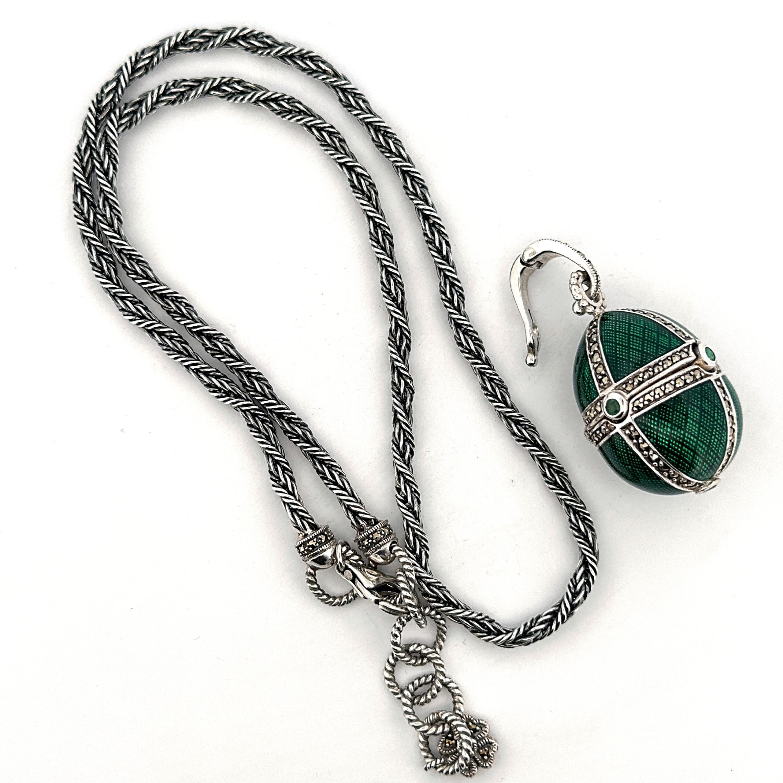 NK511 (2) Elizabethan Style Opening Egg Shaped Necklace With Green Enamel And Marcasite Finished In 925 English Hallmarked Sterling Silver