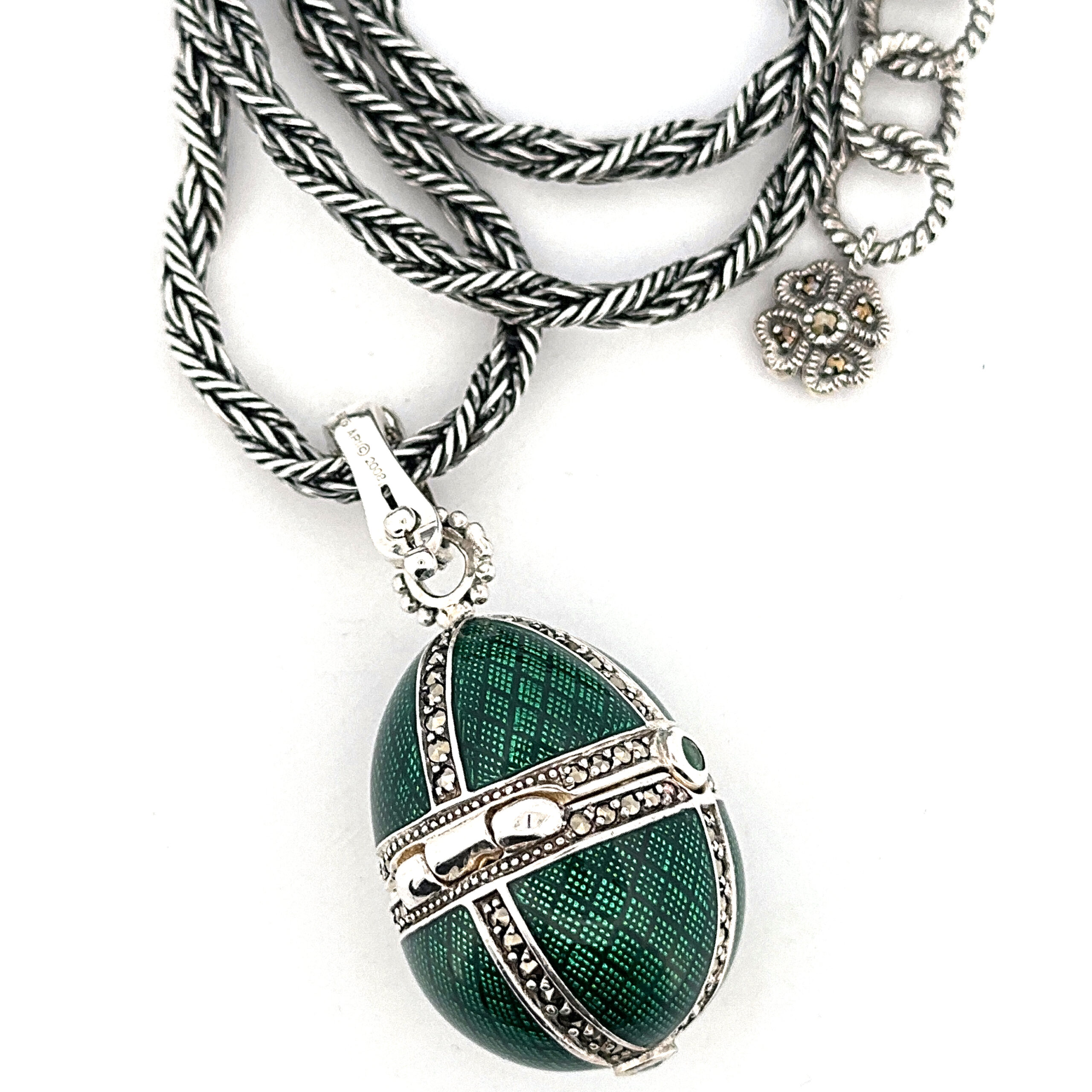 NK511 (7) Elizabethan Style Opening Egg Shaped Necklace With Green Enamel And Marcasite Finished In 925 English Hallmarked Sterling Silver