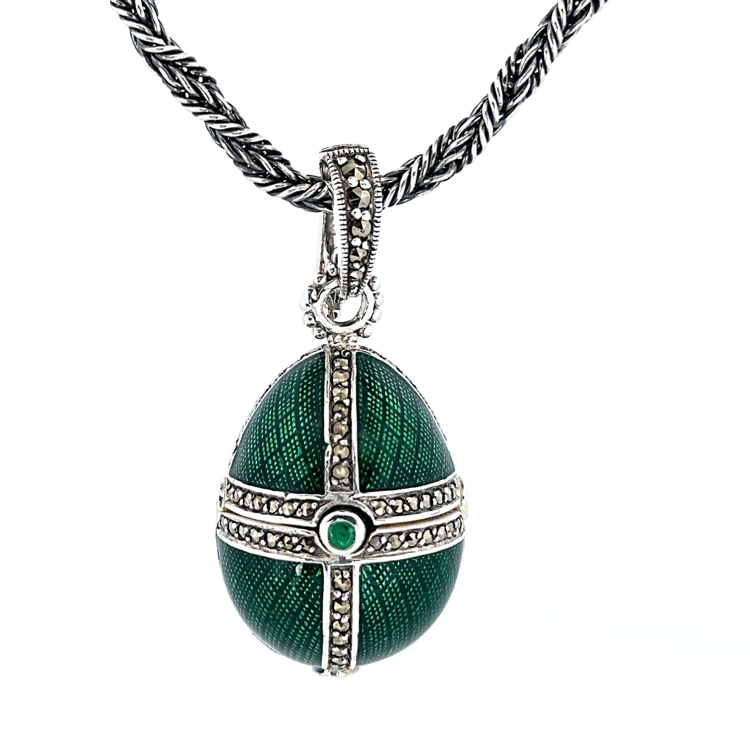 NK511 (11) Elizabethan Style Opening Egg Shaped Necklace With Green Enamel And Marcasite Finished In 925 English Hallmarked Sterling Silver