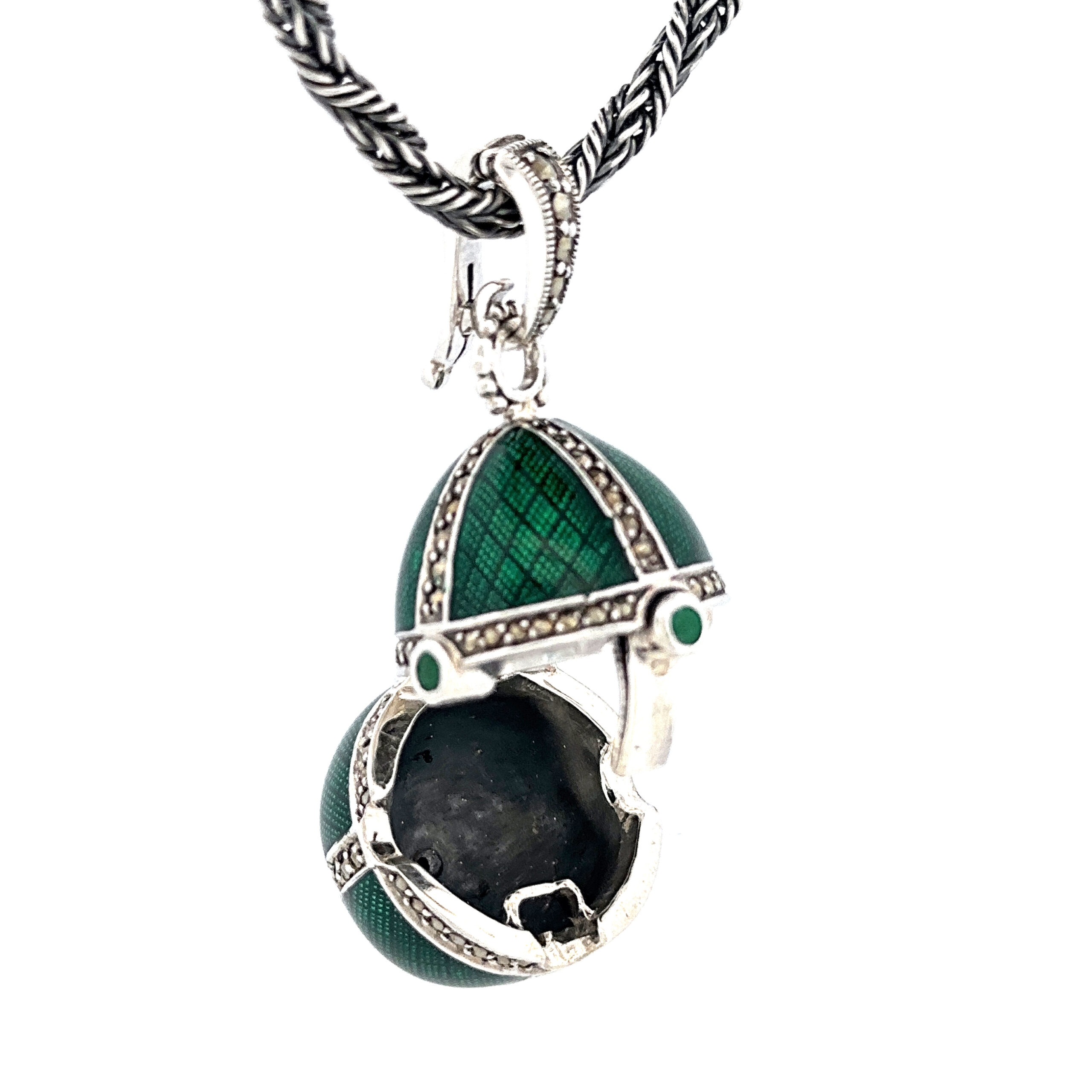 NK511 (4) Elizabethan Style Opening Egg Shaped Necklace With Green Enamel And Marcasite Finished In 925 English Hallmarked Sterling Silver