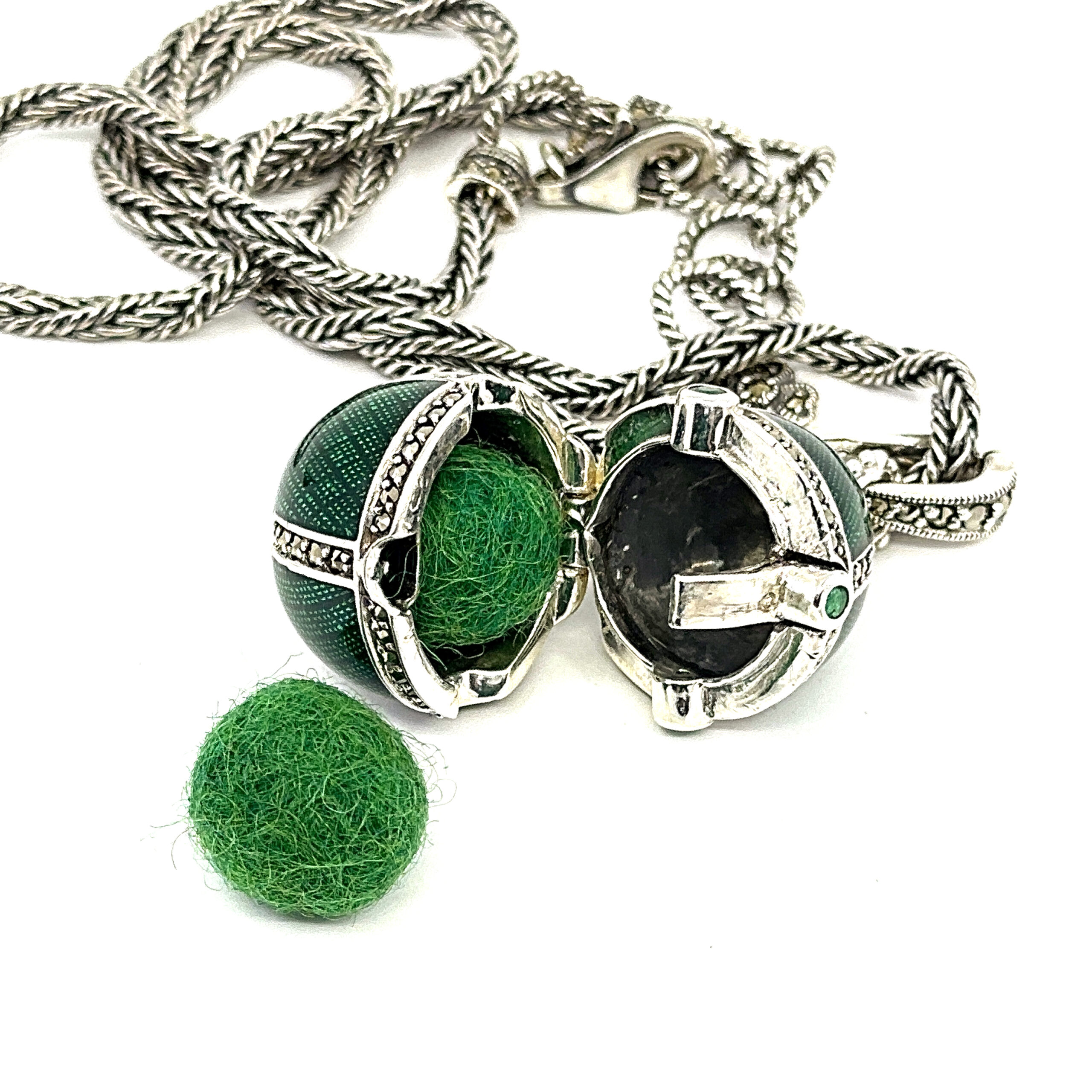 NK511 (14) Elizabethan Style Opening Egg Shaped Necklace With Green Enamel And Marcasite Finished In 925 English Hallmarked Sterling Silver