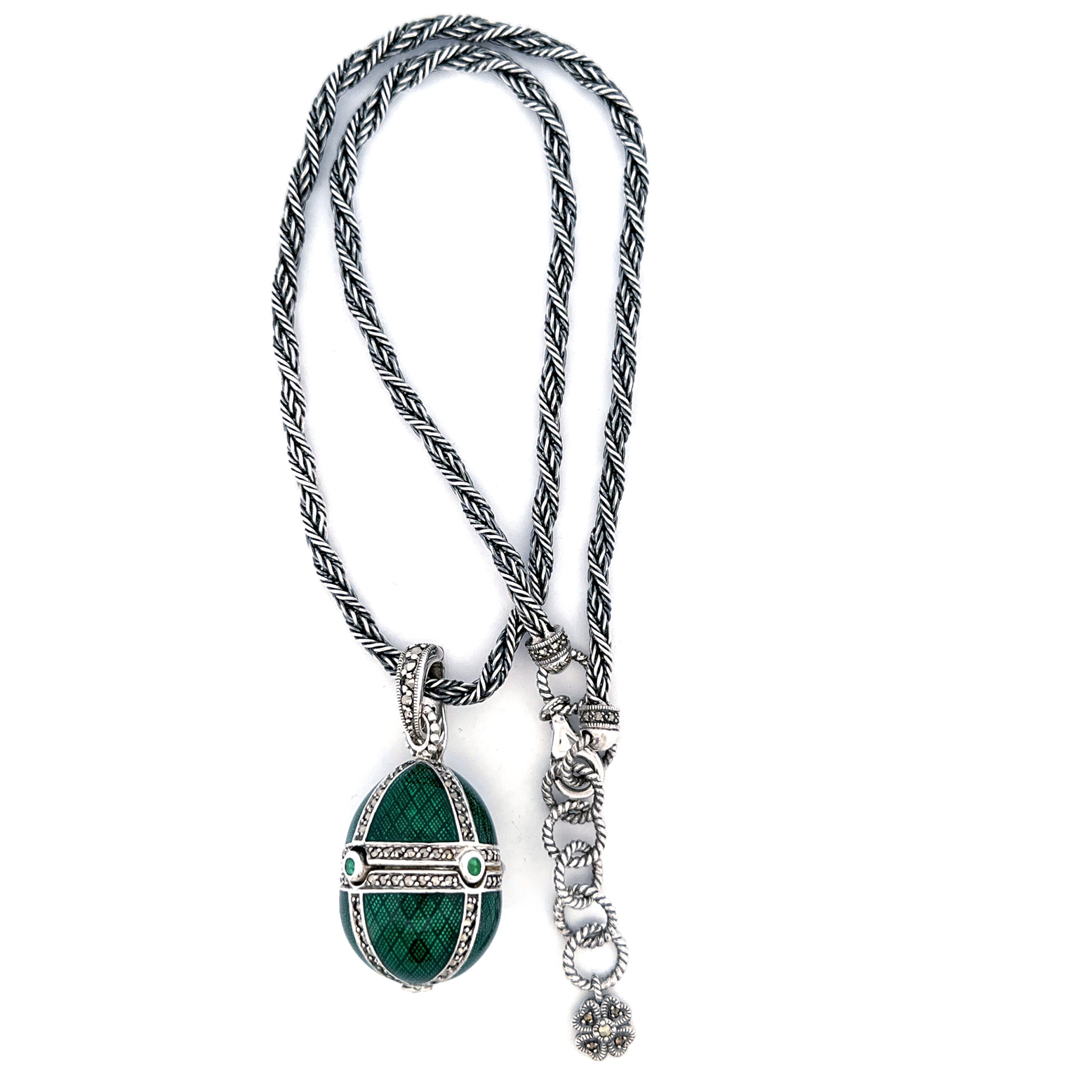 NK511 (10) Elizabethan Style Opening Egg Shaped Necklace With Green Enamel And Marcasite Finished In 925 English Hallmarked Sterling Silver