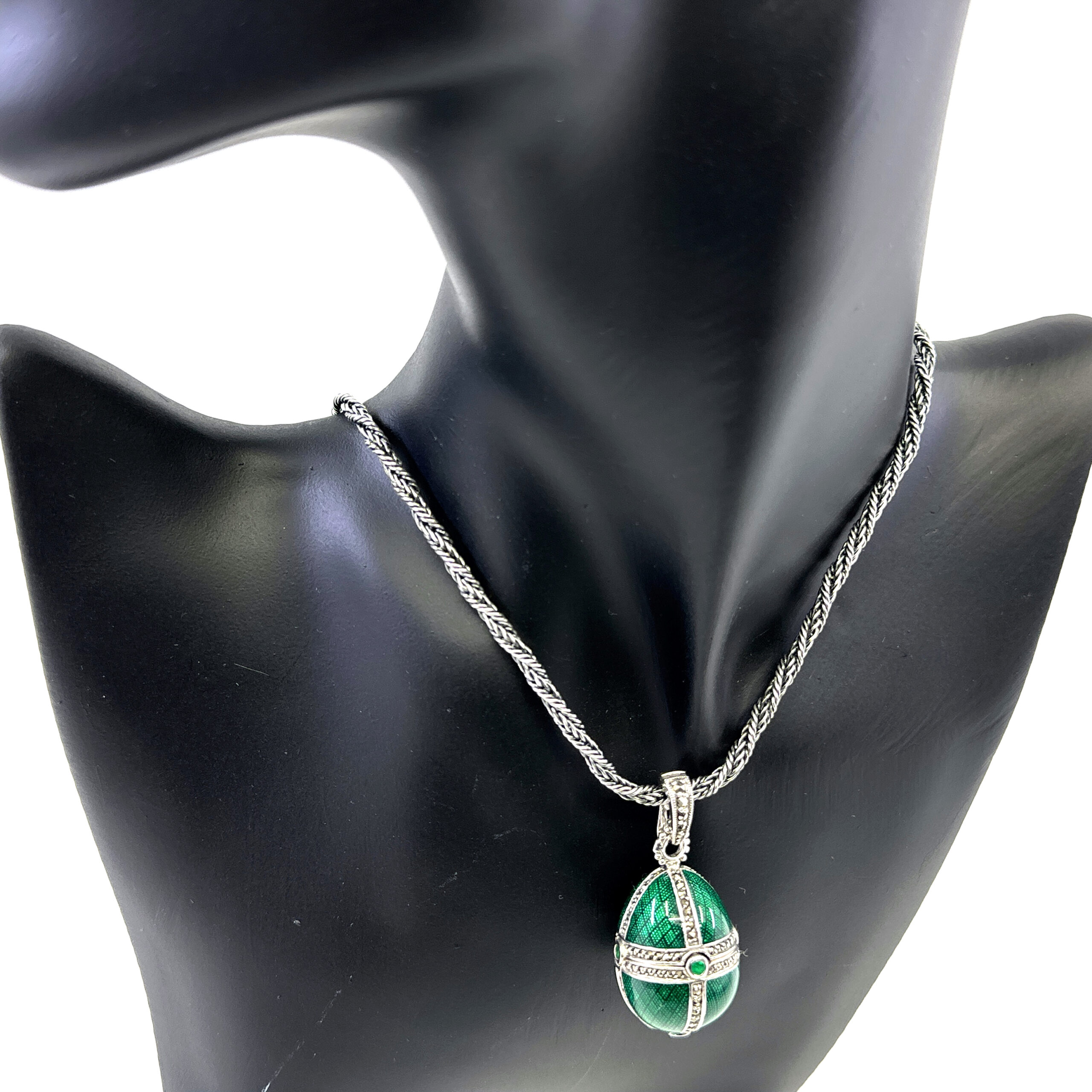 NK511 (8) Elizabethan Style Opening Egg Shaped Necklace With Green Enamel And Marcasite Finished In 925 English Hallmarked Sterling Silver