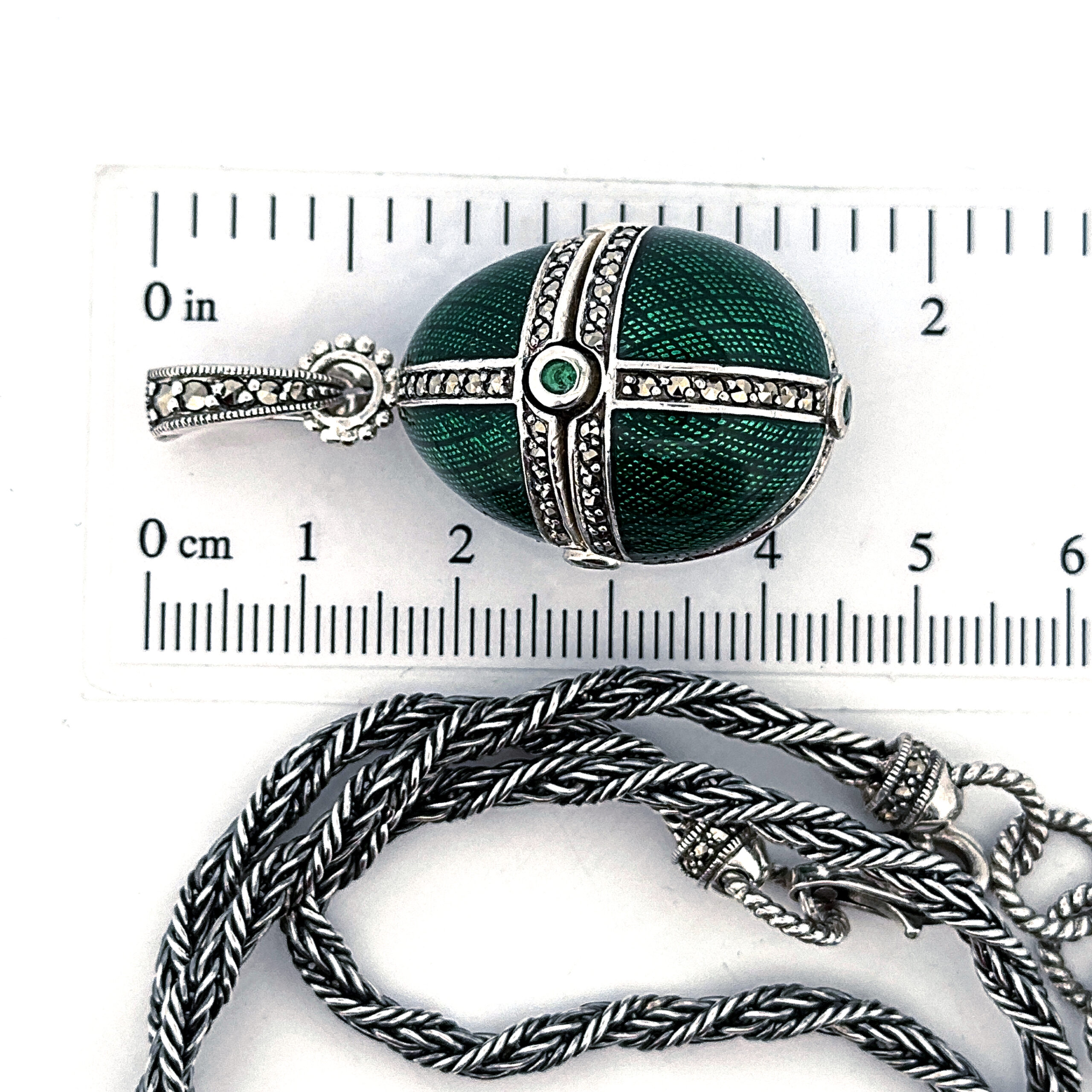 NK511 (6) Elizabethan Style Opening Egg Shaped Necklace With Green Enamel And Marcasite Finished In 925 English Hallmarked Sterling Silver