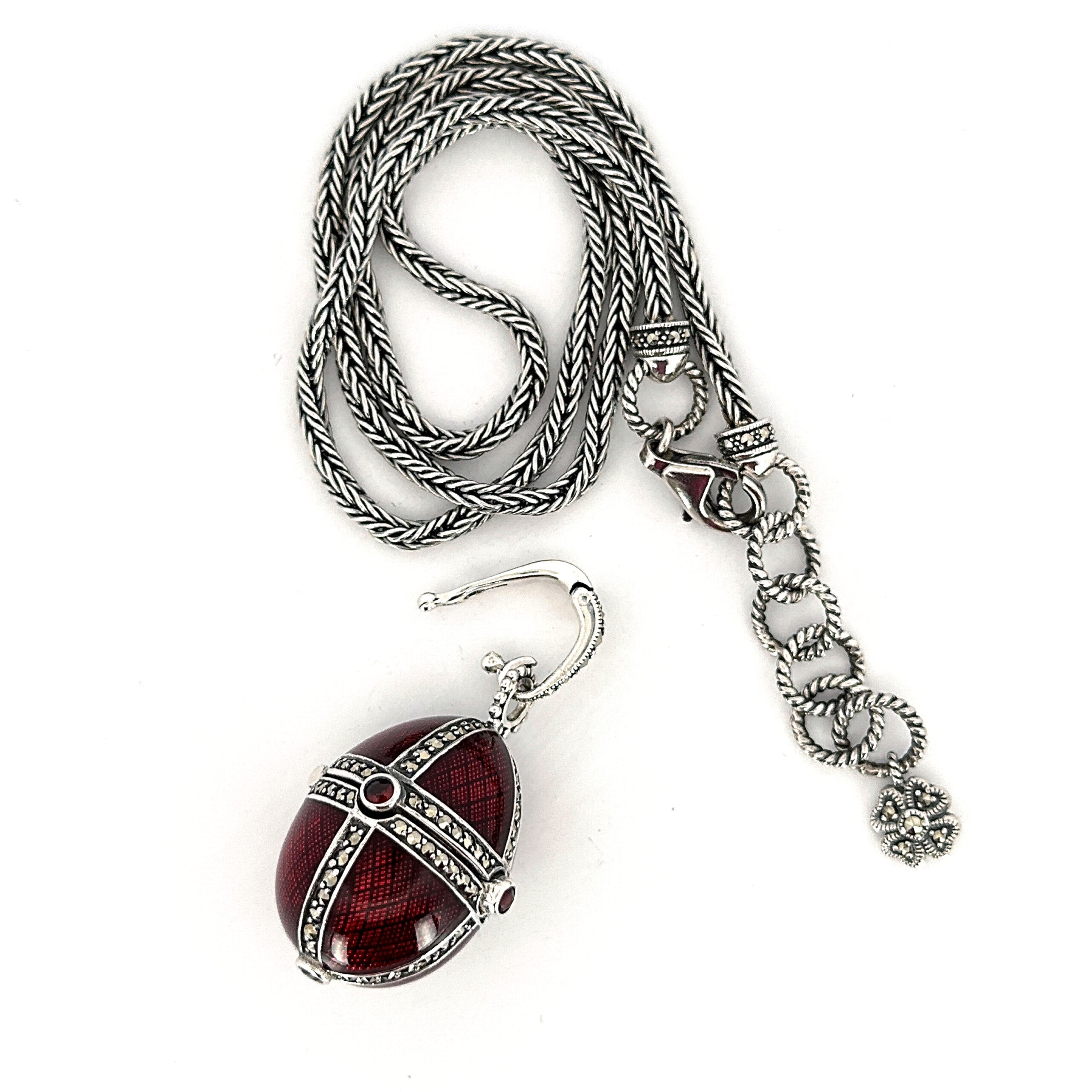 NK510 (2) Elizabethan Style Opening Egg Shaped Necklace With Red Enamel And Marcasite Finished In 925 English Hallmarked Sterling Silver