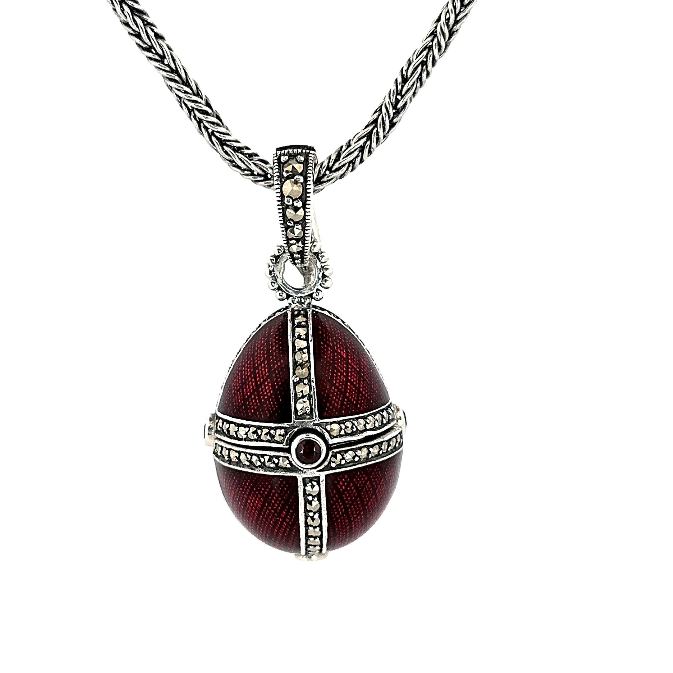 NK510 (7) Elizabethan Style Opening Egg Shaped Necklace With Red Enamel And Marcasite Finished In 925 English Hallmarked Sterling Silver