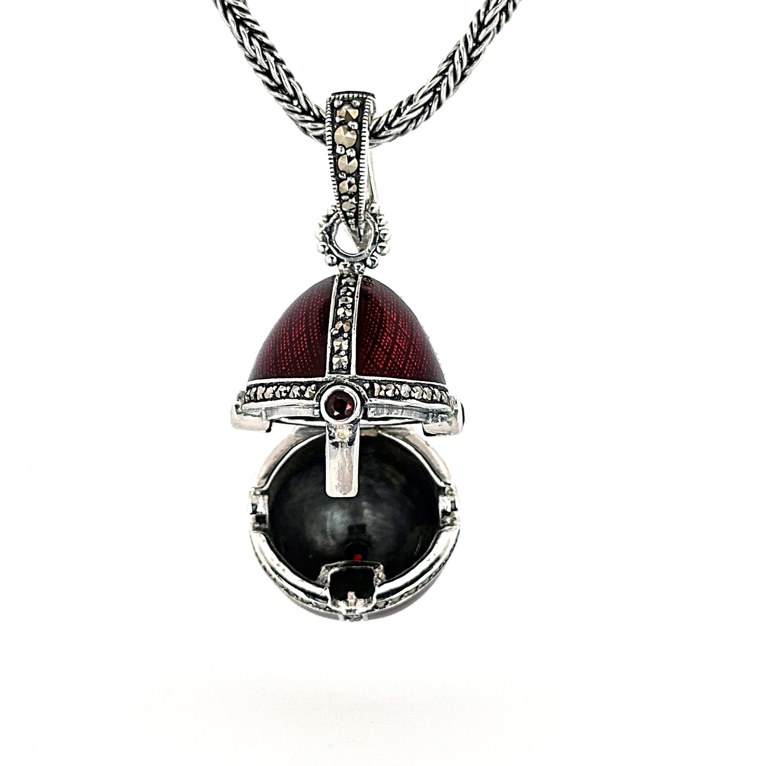 NK510 (12) Elizabethan Style Opening Egg Shaped Necklace With Red Enamel And Marcasite Finished In 925 English Hallmarked Sterling Silver