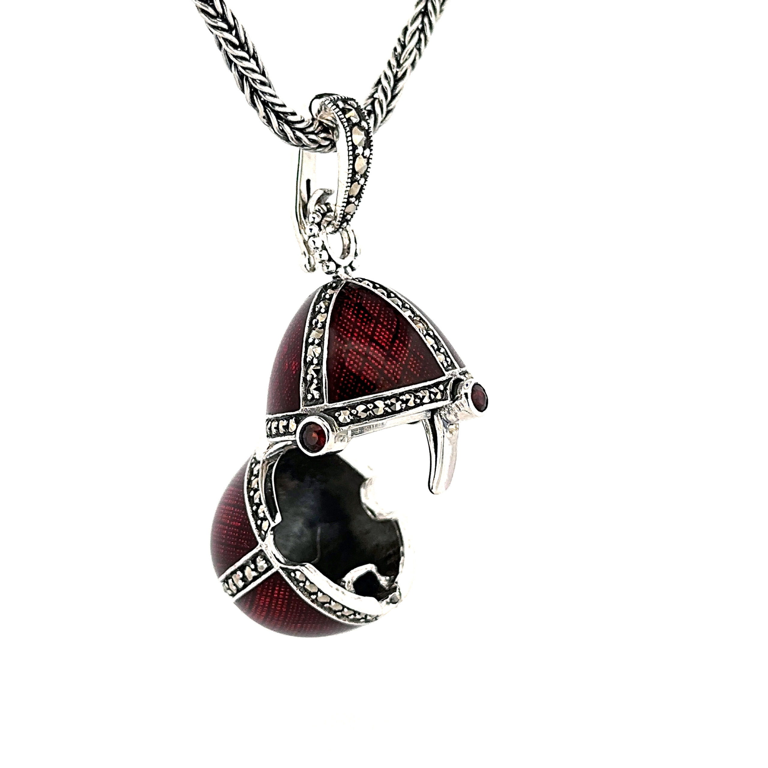NK510 (9) Elizabethan Style Opening Egg Shaped Necklace With Red Enamel And Marcasite Finished In 925 English Hallmarked Sterling Silver
