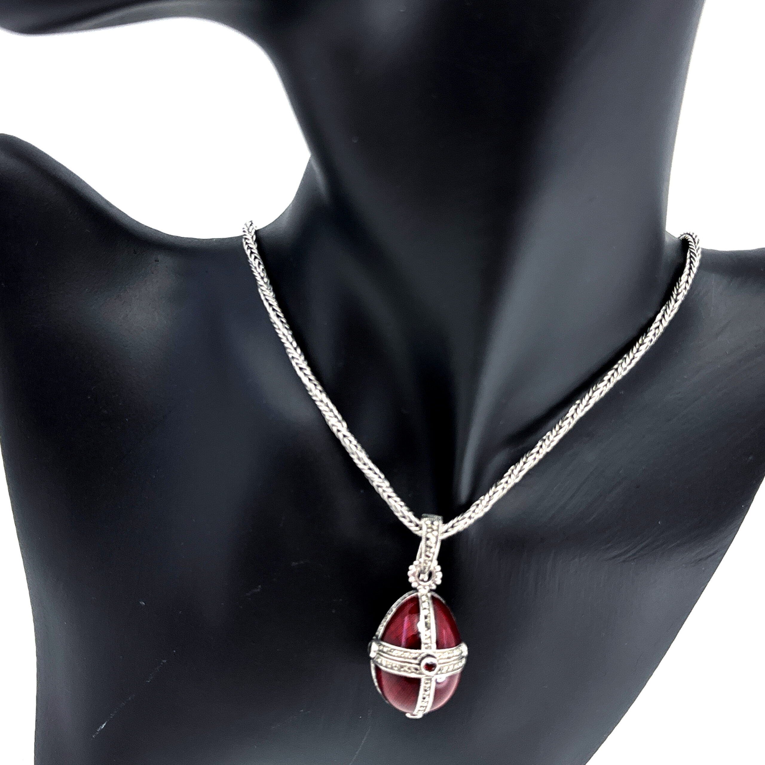 NK510 (13) Elizabethan Style Opening Egg Shaped Necklace With Red Enamel And Marcasite Finished In 925 English Hallmarked Sterling Silver