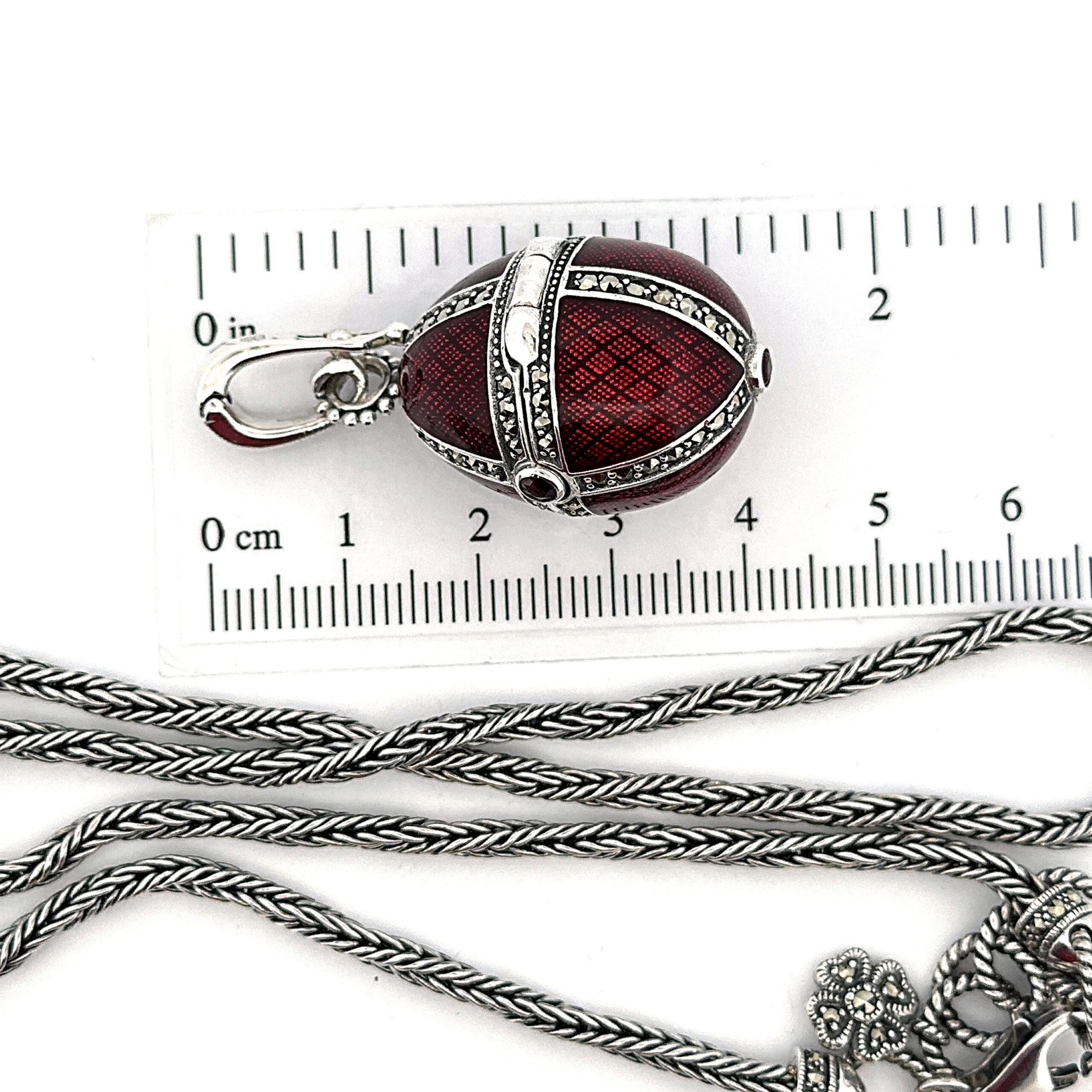 NK510 (3) Elizabethan Style Opening Egg Shaped Necklace With Red Enamel And Marcasite Finished In 925 English Hallmarked Sterling Silver