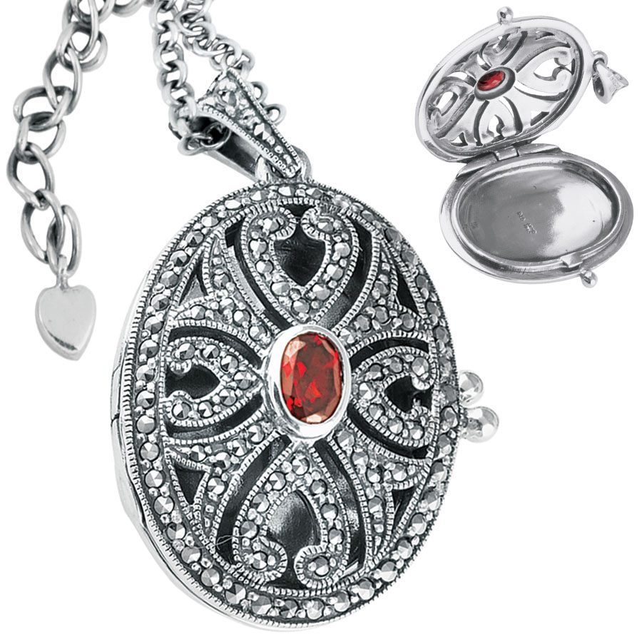 PT276_1 Oval Locket Set With Garnet And Marcasite, Finished In 925 English Hallmarked Sterling Silver