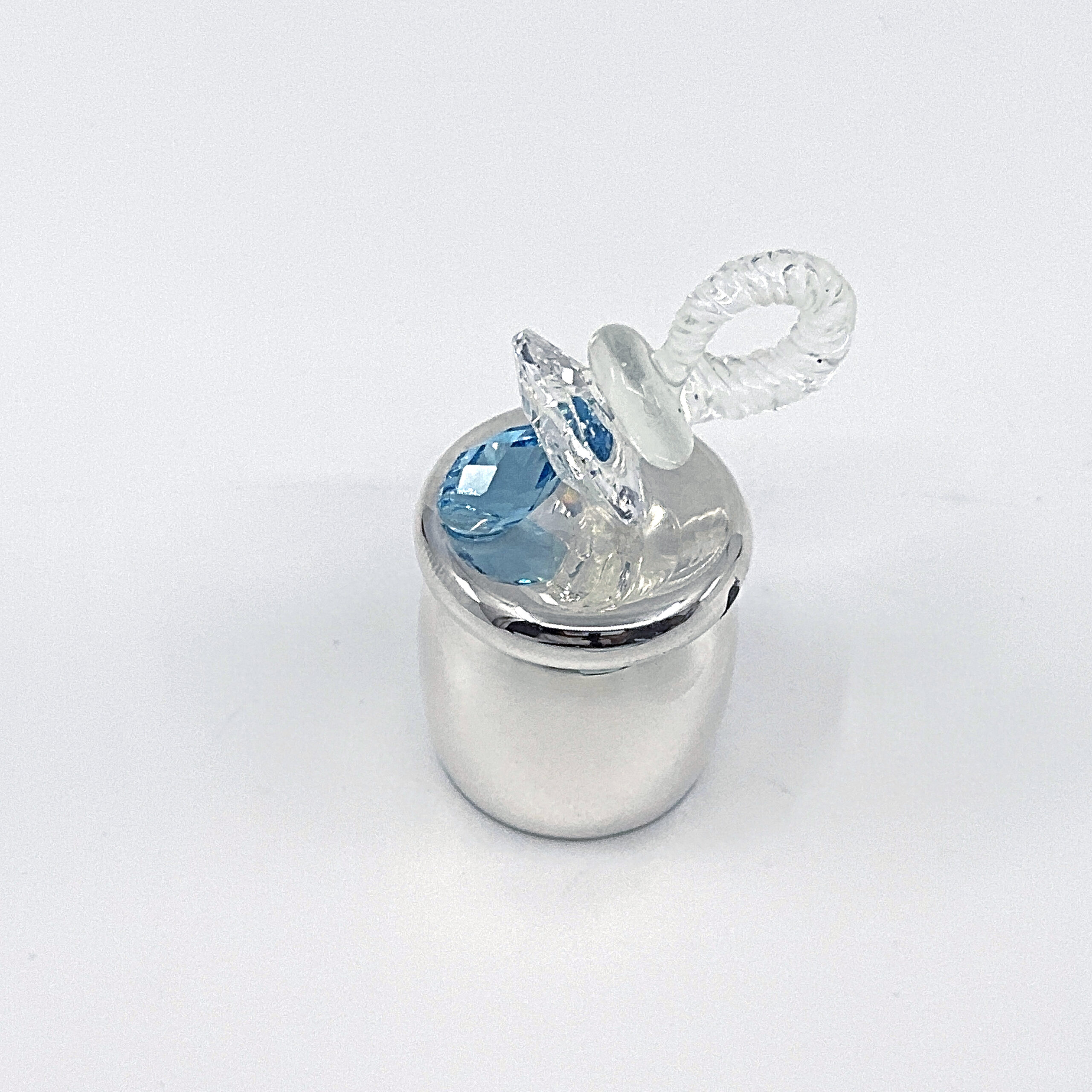 GTS101 (4) Pacifier Tooth Fairy Box With Blue Czech Crystal Finished In 925 English Hallmarked Sterling Silver
