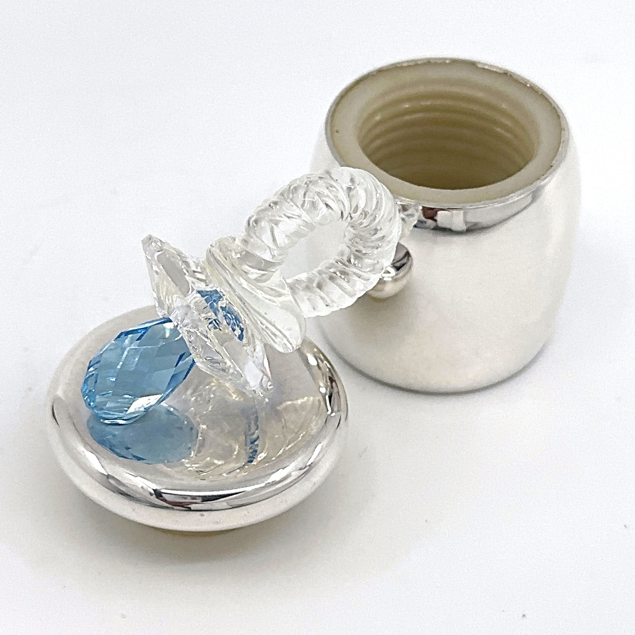 GTS101 (9) Pacifier Tooth Fairy Box With Blue Czech Crystal Finished In 925 English Hallmarked Sterling Silver