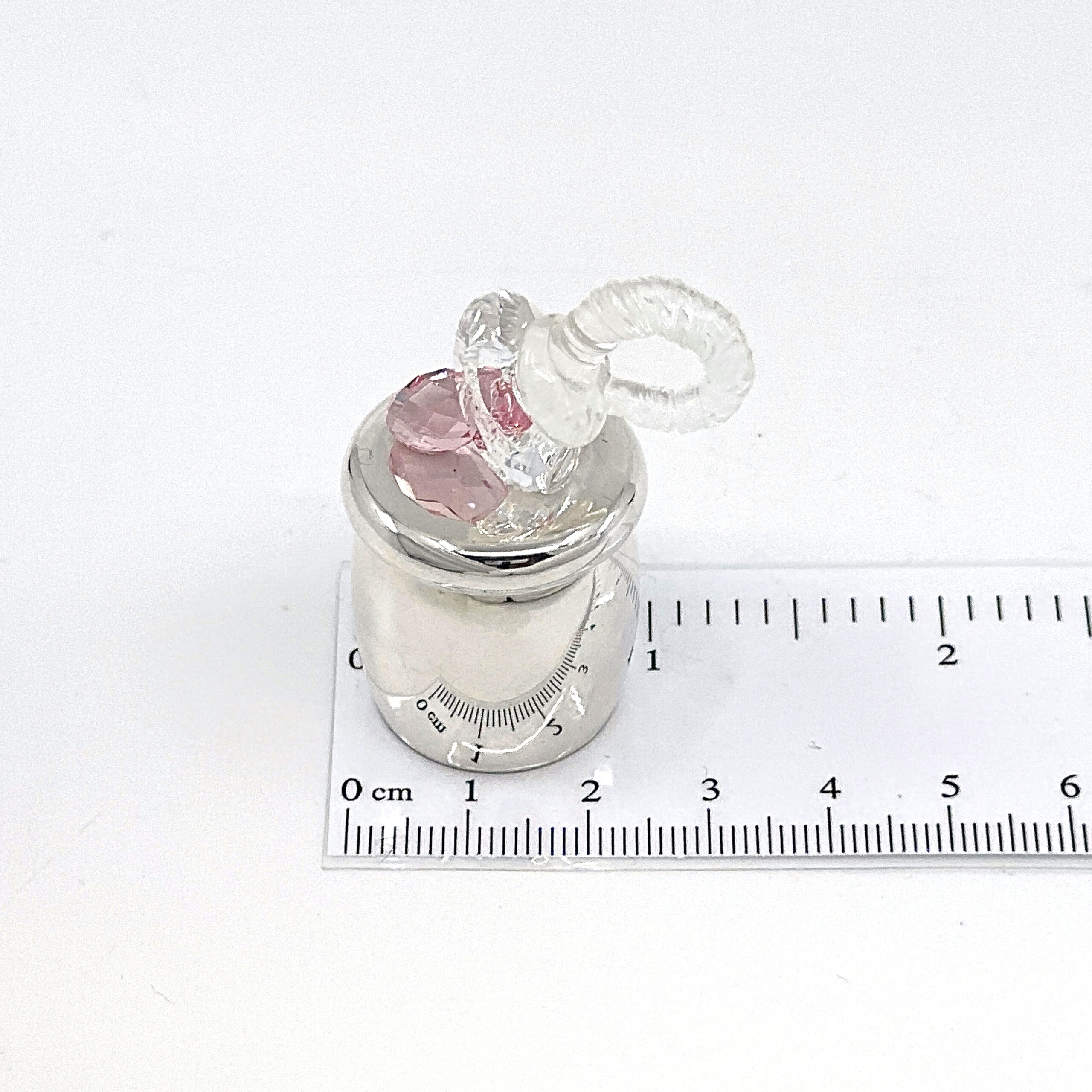 GTS102 (5) Pacifier Tooth Fairy Box With Pink Czech Crystal Finished In 925 English Hallmarked Sterling Silver