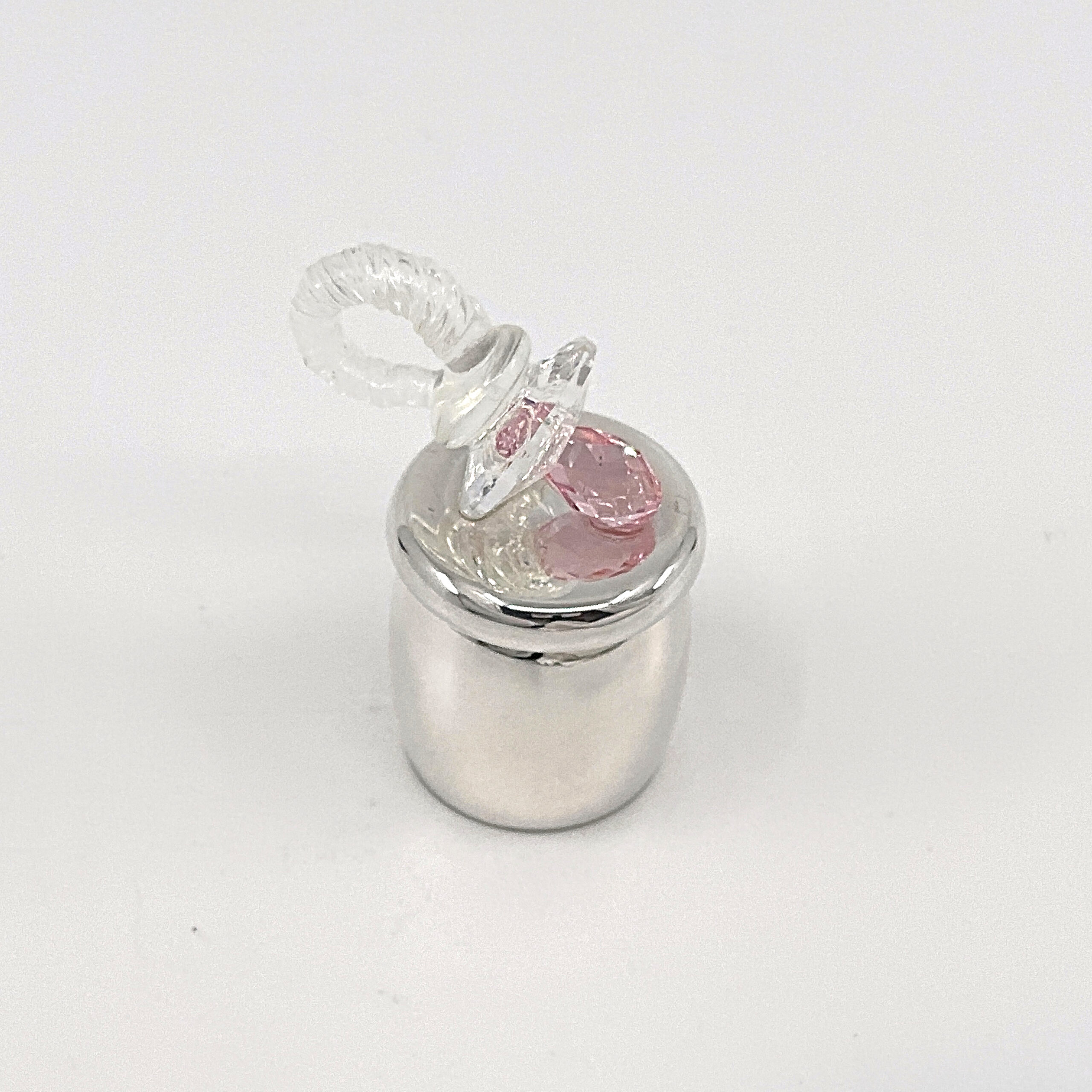 GTS102 (3) Pacifier Tooth Fairy Box With Pink Czech Crystal Finished In 925 English Hallmarked Sterling Silver
