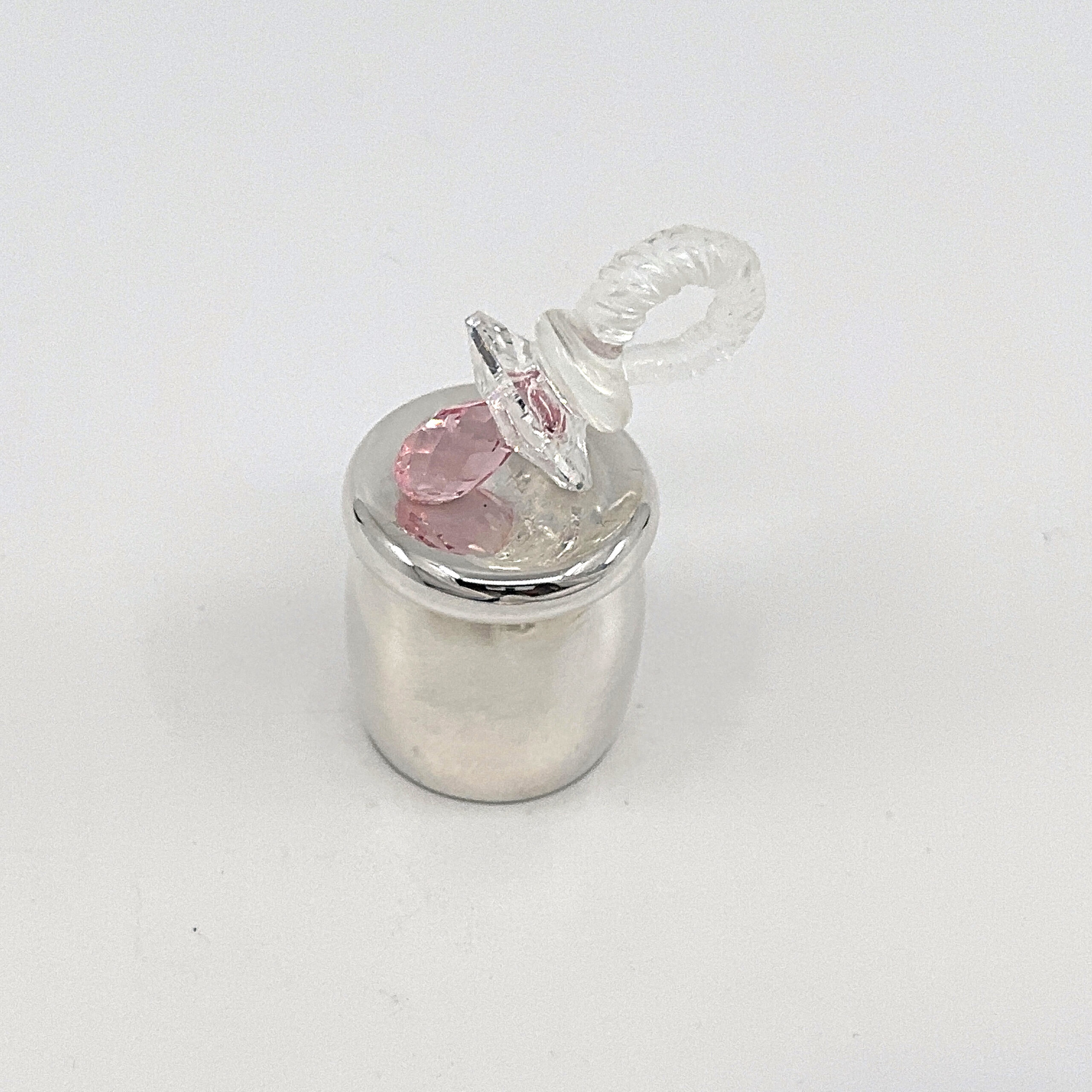 GTS102 (2) Pacifier Tooth Fairy Box With Pink Czech Crystal Finished In 925 English Hallmarked Sterling Silver