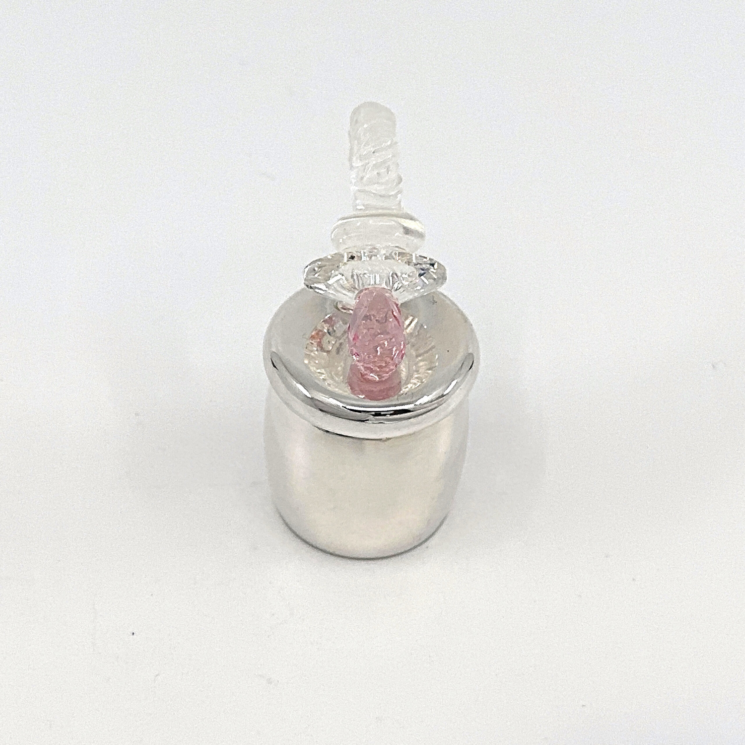 GTS102 (6) Pacifier Tooth Fairy Box With Pink Czech Crystal Finished In 925 English Hallmarked Sterling Silver