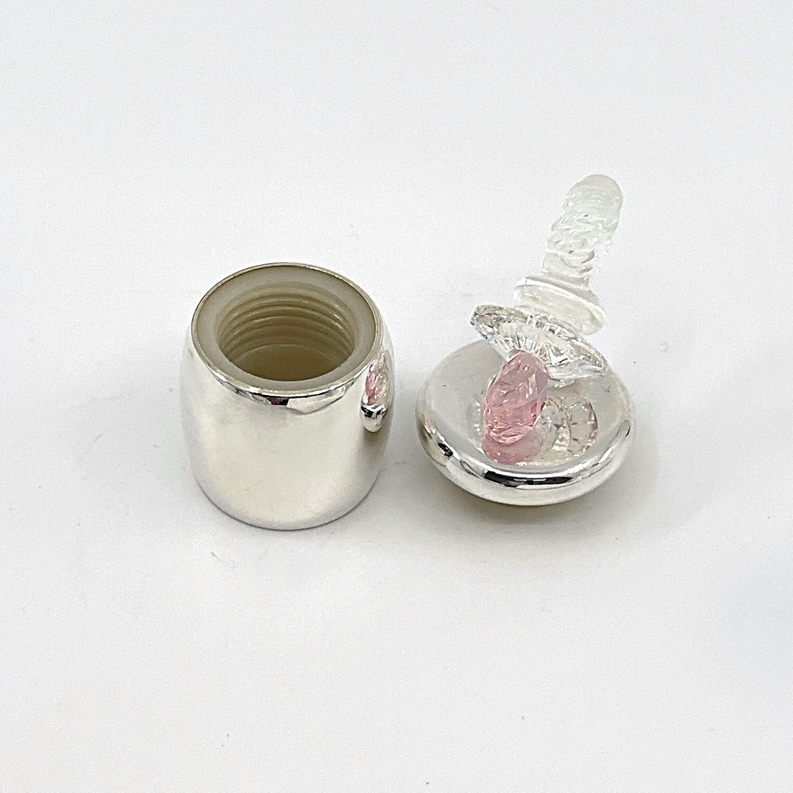 GTS102 (1) Pacifier Tooth Fairy Box With Pink Czech Crystal Finished In 925 English Hallmarked Sterling Silver