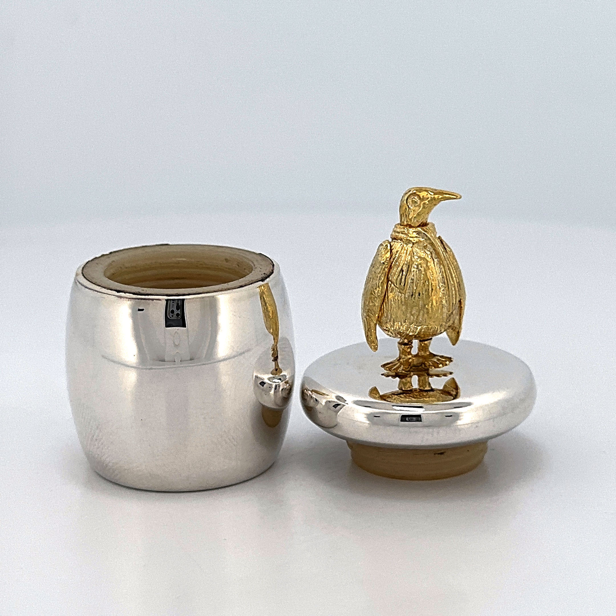 GT2244 (1) Tooth Fairy Box With Gold Plated Moving Penguin Finished In 925 English Hallmarked Sterling Silver