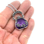 Purse Pendant Set With Purple Enamel And Marcasite, Finished In 925 English Hallmarked Sterling Silver