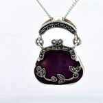 Purse Pendant Set With Purple Enamel And Marcasite, Finished In 925 English Hallmarked Sterling Silver