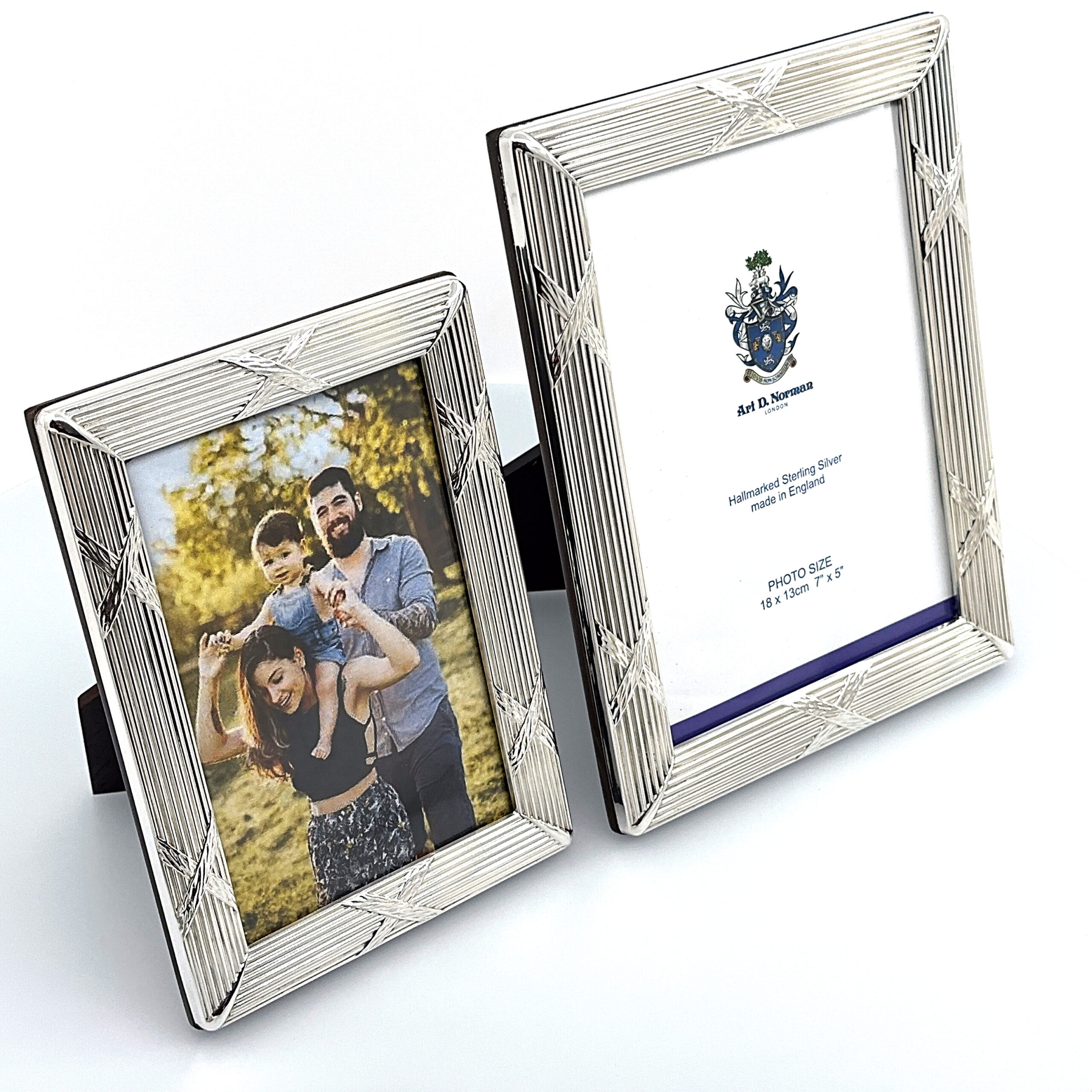FR172 (4) Ribbon And Reed Photo Frame With Mahogany Wooden Back Finished In 925 English Hallmarked Sterling Silver