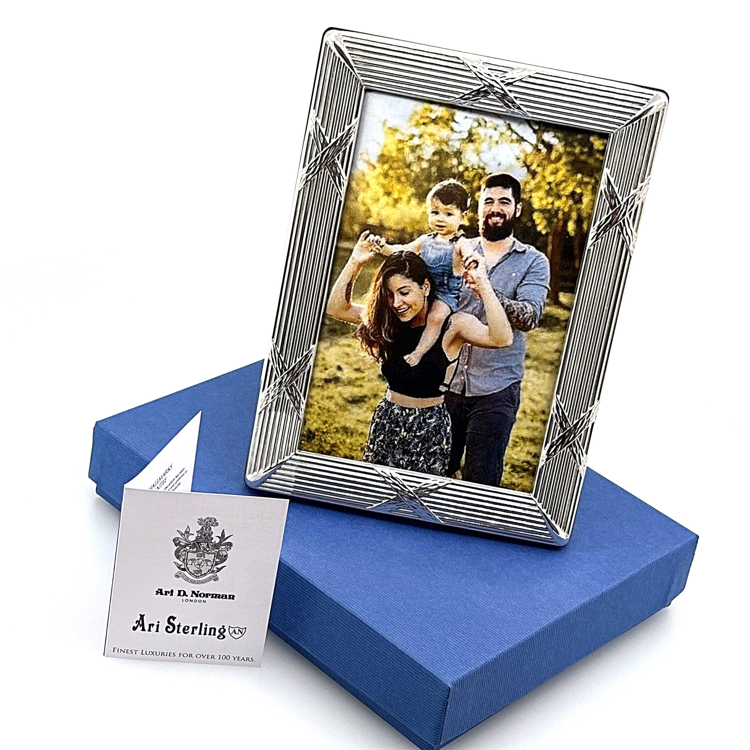 FR172 (5) Ribbon And Reed Photo Frame With Mahogany Wooden Back Finished In 925 English Hallmarked Sterling Silver