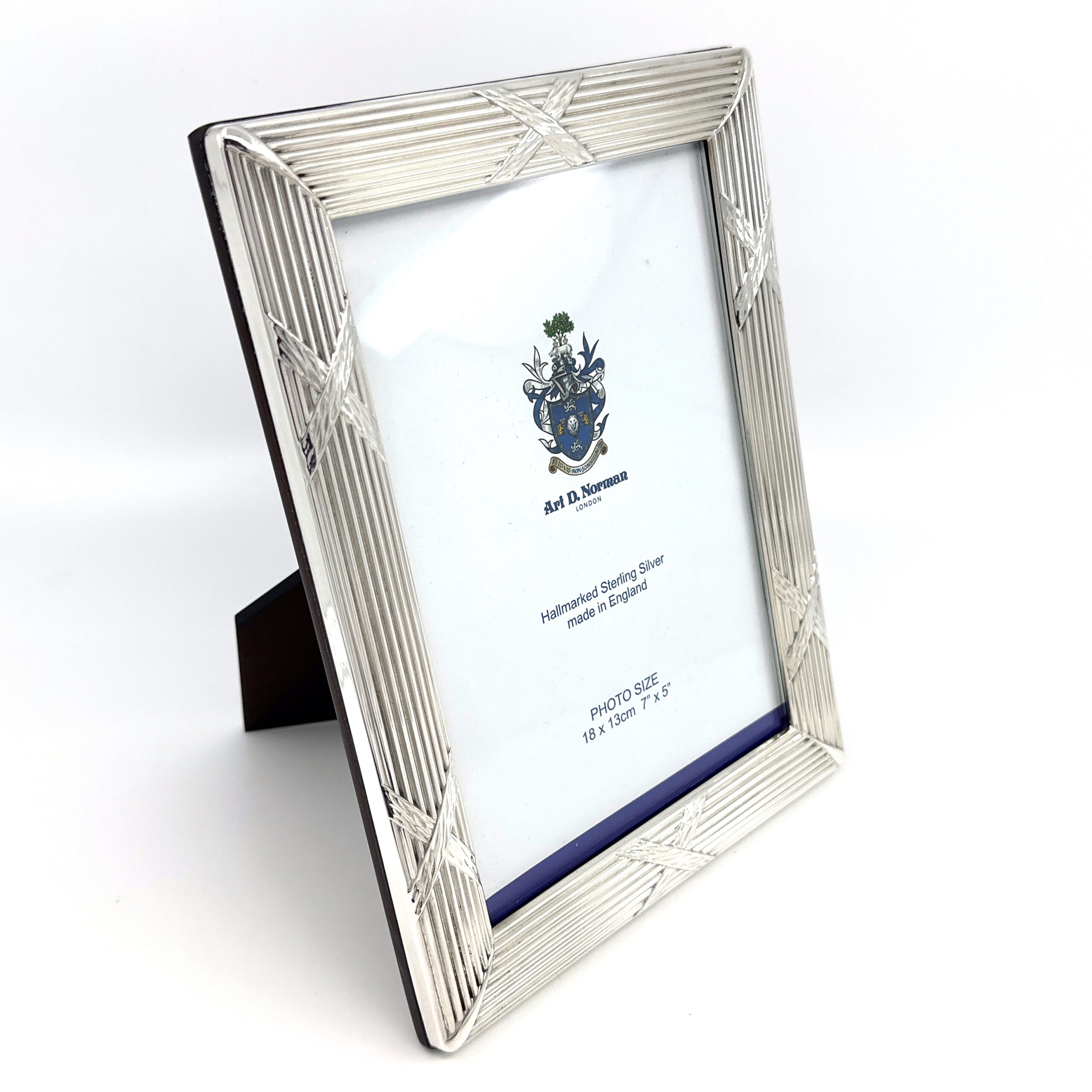 FR173 (7) Ribbon And Reed Photo Frame With Mahogany Wooden Back Finished In 925 English Hallmarked Sterling Silver