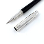 Rollerball Pen With Black Leather And Diamond Set Clip Finished In 925 English Hallmarked Sterling Silver
